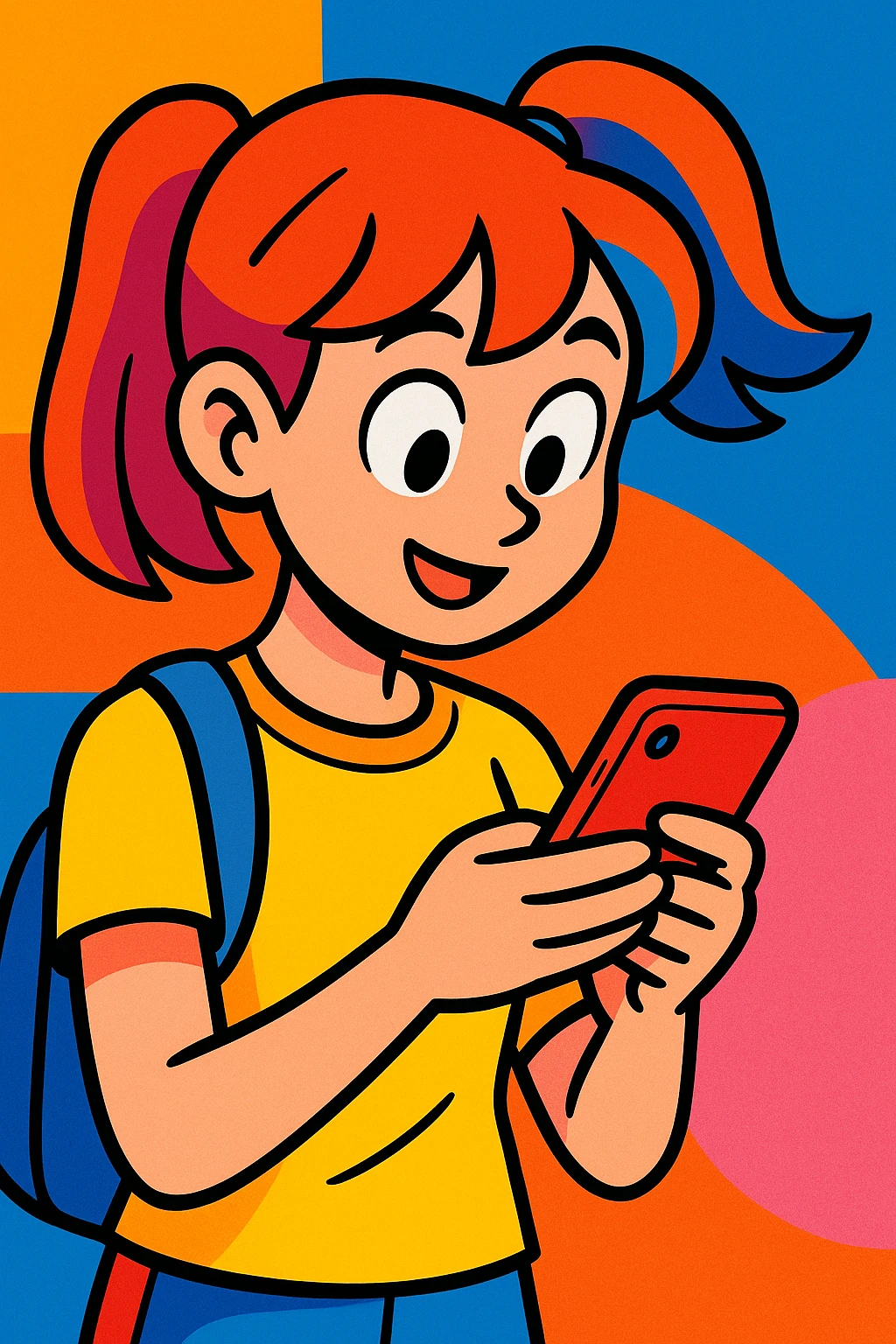 girl looking at mobile phone, vibrant cartoon style emoji