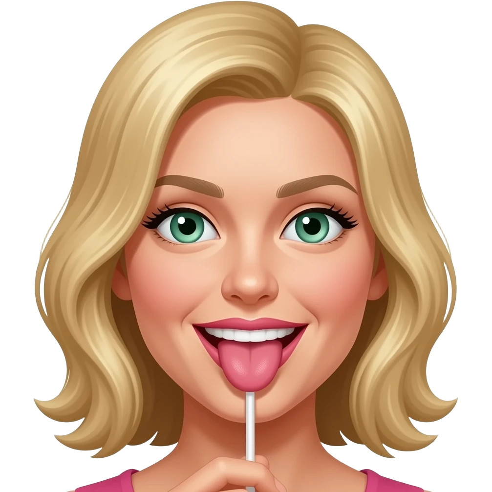 Lizanie cukierka językiem włosy blond zielone oczy emoji
