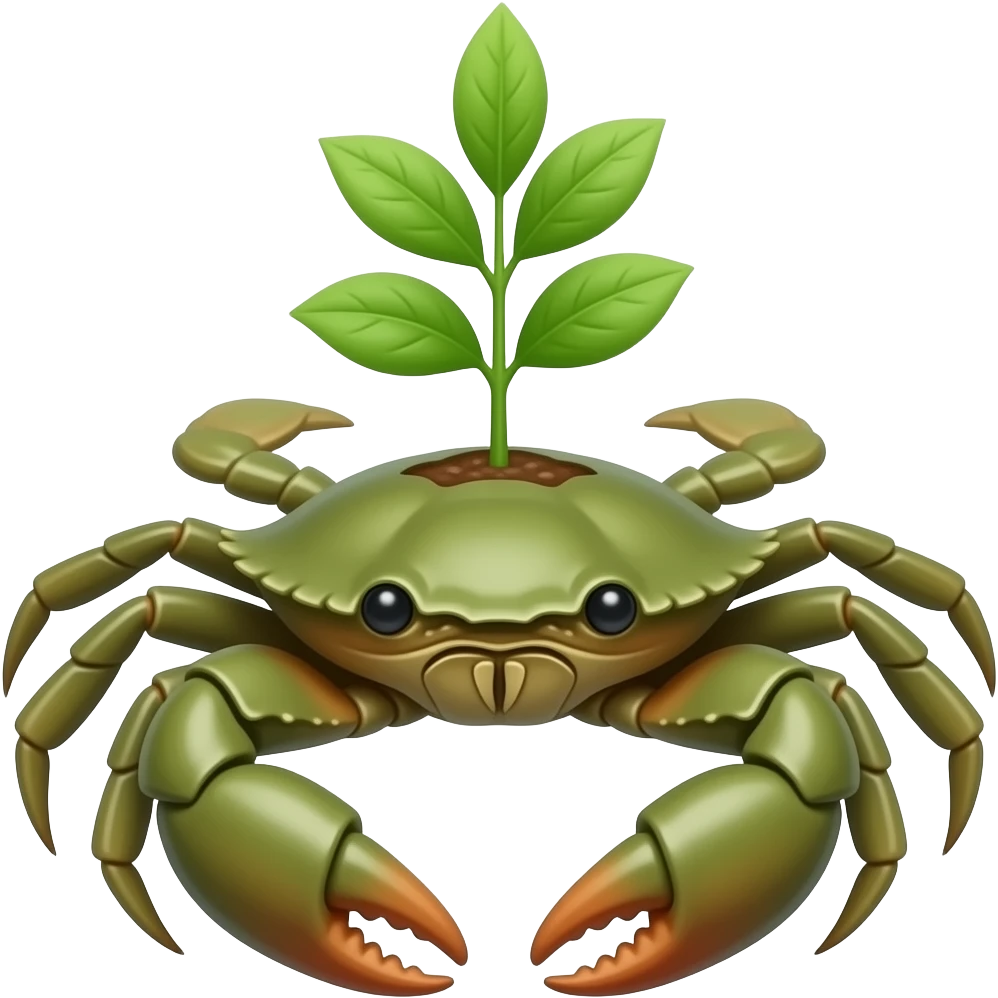 A green crab with a plant growing on its back facing forward emoji