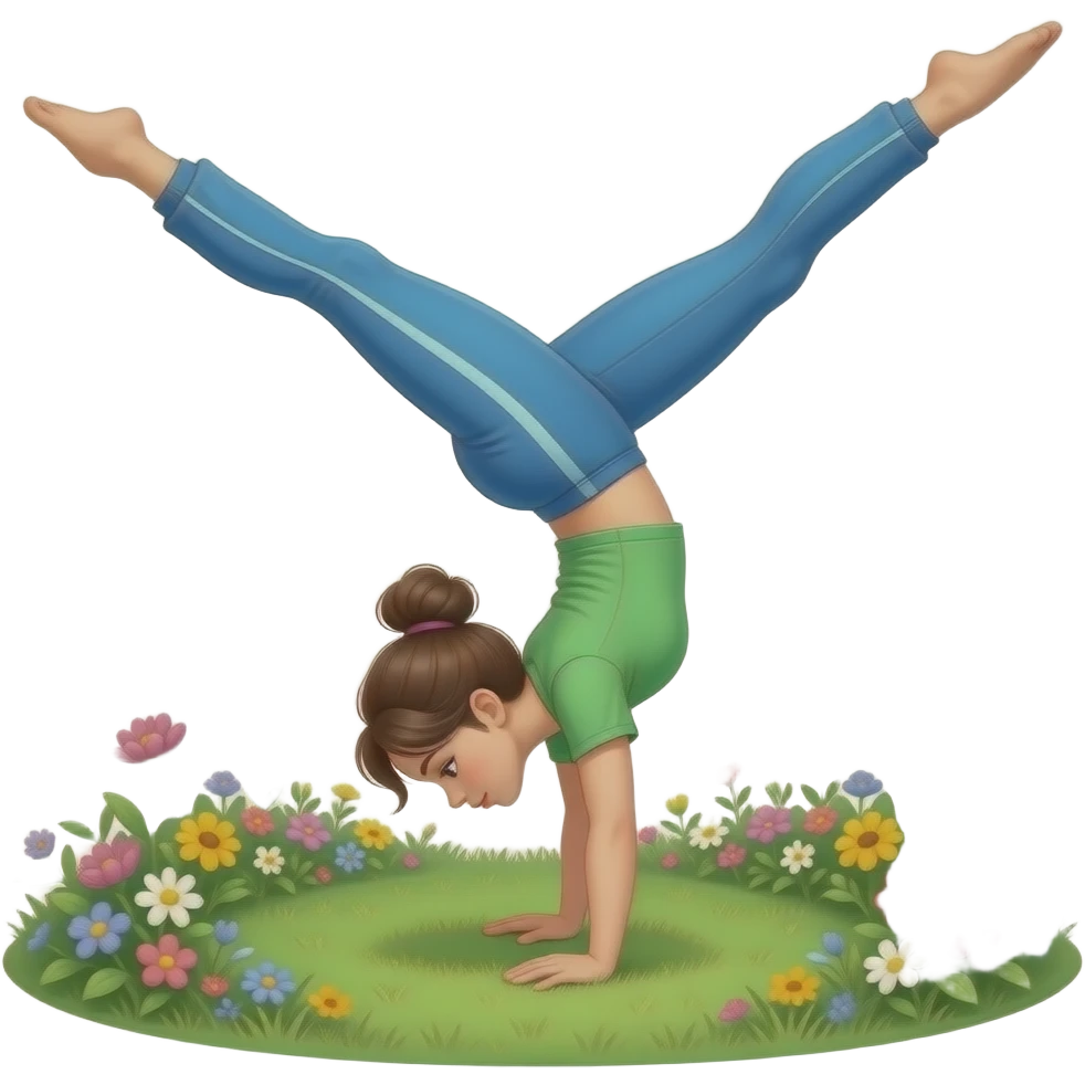 turnerin turnt mit einer airroll in einem Garten mit blumen und grünem gras, die turnerin hat eine blaue lange turnhose und ein grünes turn t-shirt an sie macht einen geraden handstand emoji