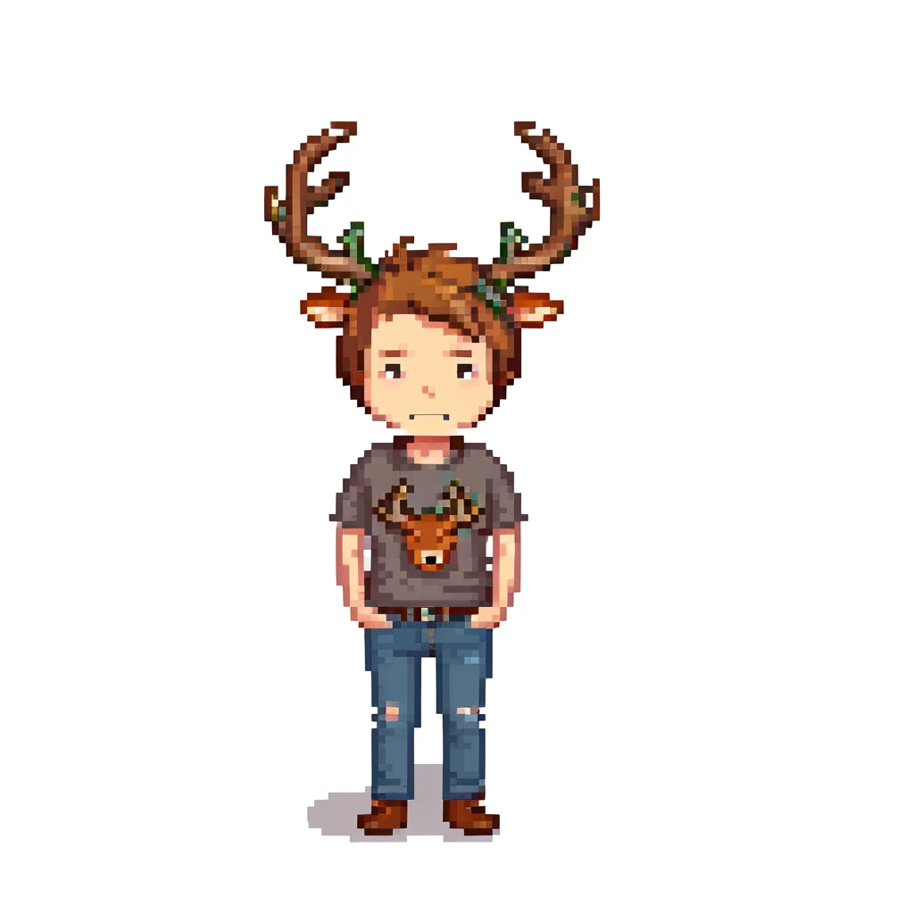 A casual guy with deer antlers, wearing a t-shirt and jeans, with a sad or thoughtful facial expression, neutral background, no snow emoji