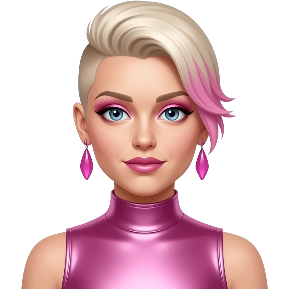 P!nk with blue eyes, blonde faux hawk hair with pink highlights, pink eyeshadow and lipstick, pink metallic high neck dress, pink earrings emoji