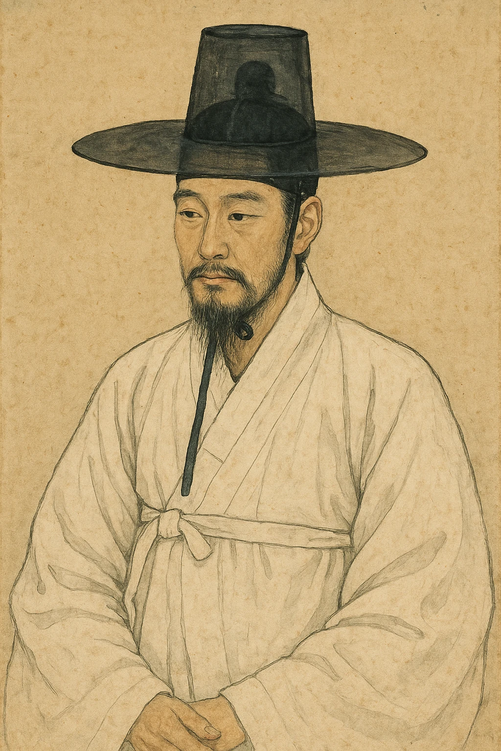 Joseon Dynasty scholar wearing a black gat hat and white dopo, Korean traditional attire, calm and dignified atmosphere emoji