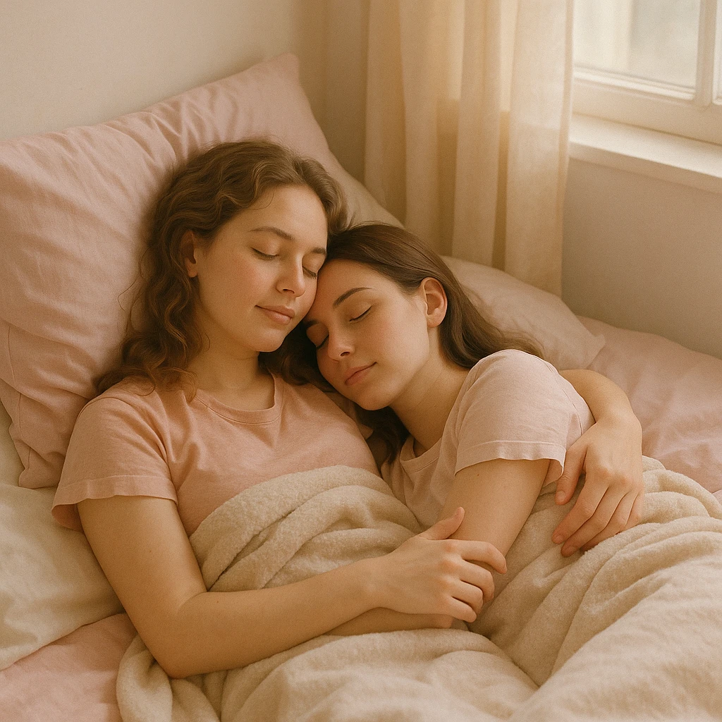 two girls in bed, cuddling, serene, pastel colors, gentle morning light emoji
