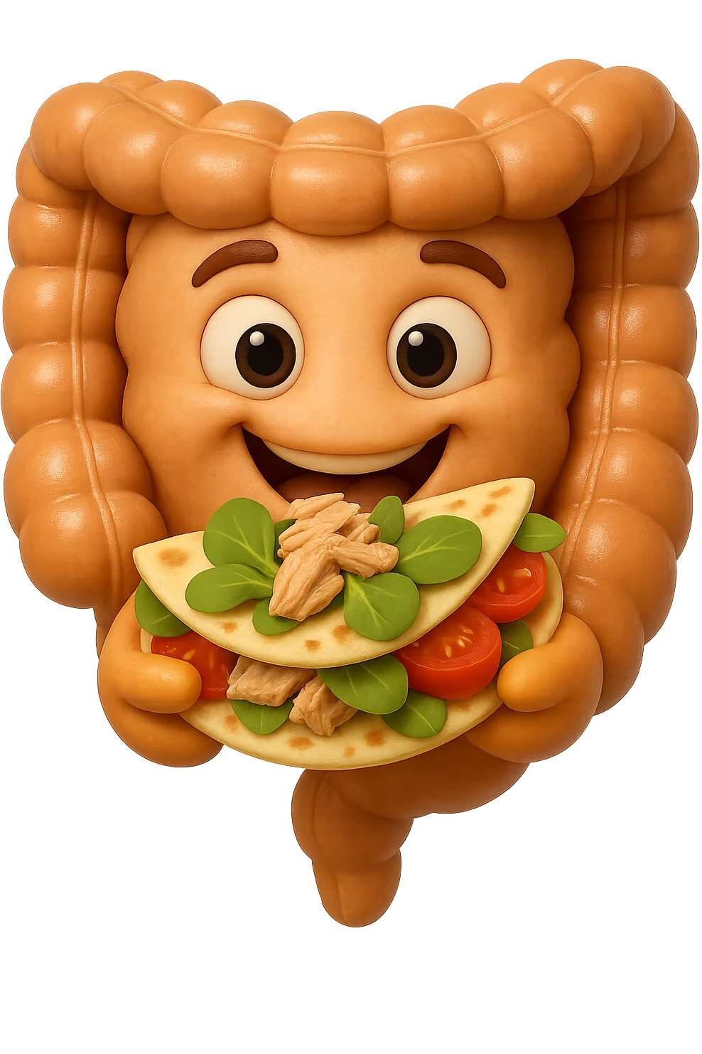 EMOJI STILE IPHONE DI un intestino che mangia una piadina con tonno, valeriana e pomodorini, iperrealistica 4k emoji