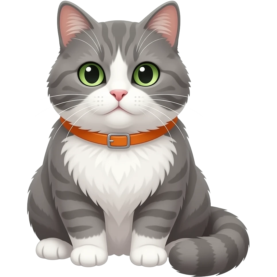 Que tenga más bigote largos, una mirada fría gris y patitas y estómago blanco, collar naranja, boca blanca, patitas blancas con un toque gris. Peludo algo gordito, bigotes caídos. Ojos verdes, muchos bigotes caidos emoji