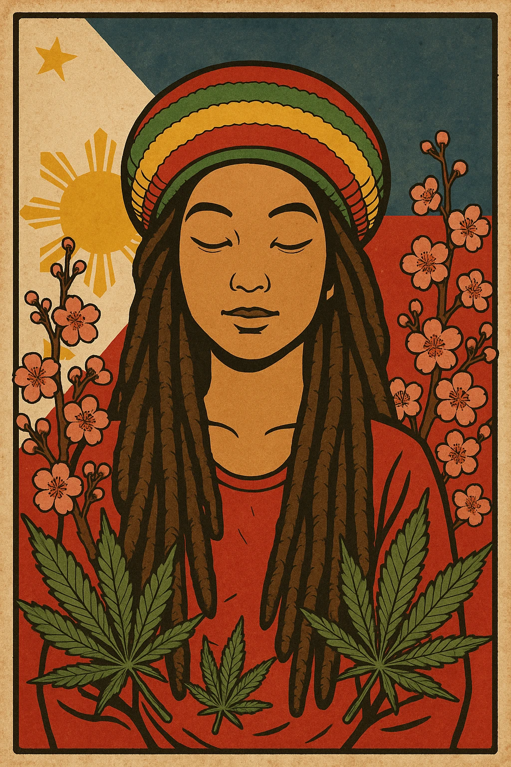 Vintage poster of an Asian Rasta woman with long dreadlocks, peaceful eyes, and a red-gold-green tam. Surrounded by cherry blossoms and ganja leaves. Background Asian flag. Retro reggae fusion vibe, with bold lines and aged paper texture. Philippines with the actual flag
 emoji