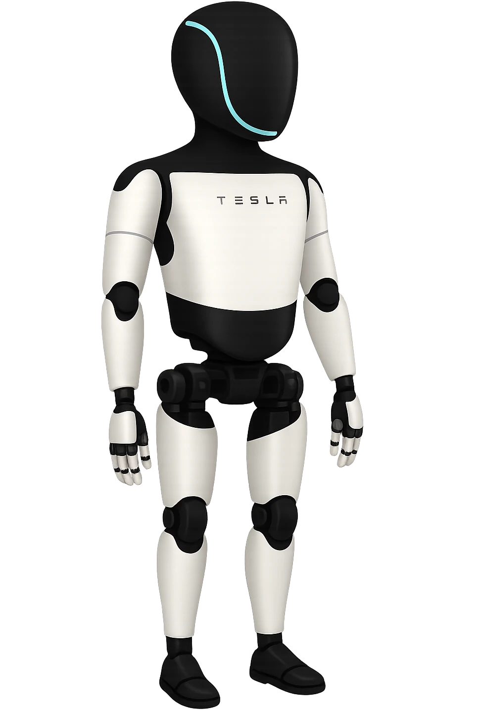 Create a fullbody Tesla robot emoji with the exact head from the reference image, arms down pose, apple emoji style, looking slightly to the side, ensuring the head and feet are fully in frame. emoji