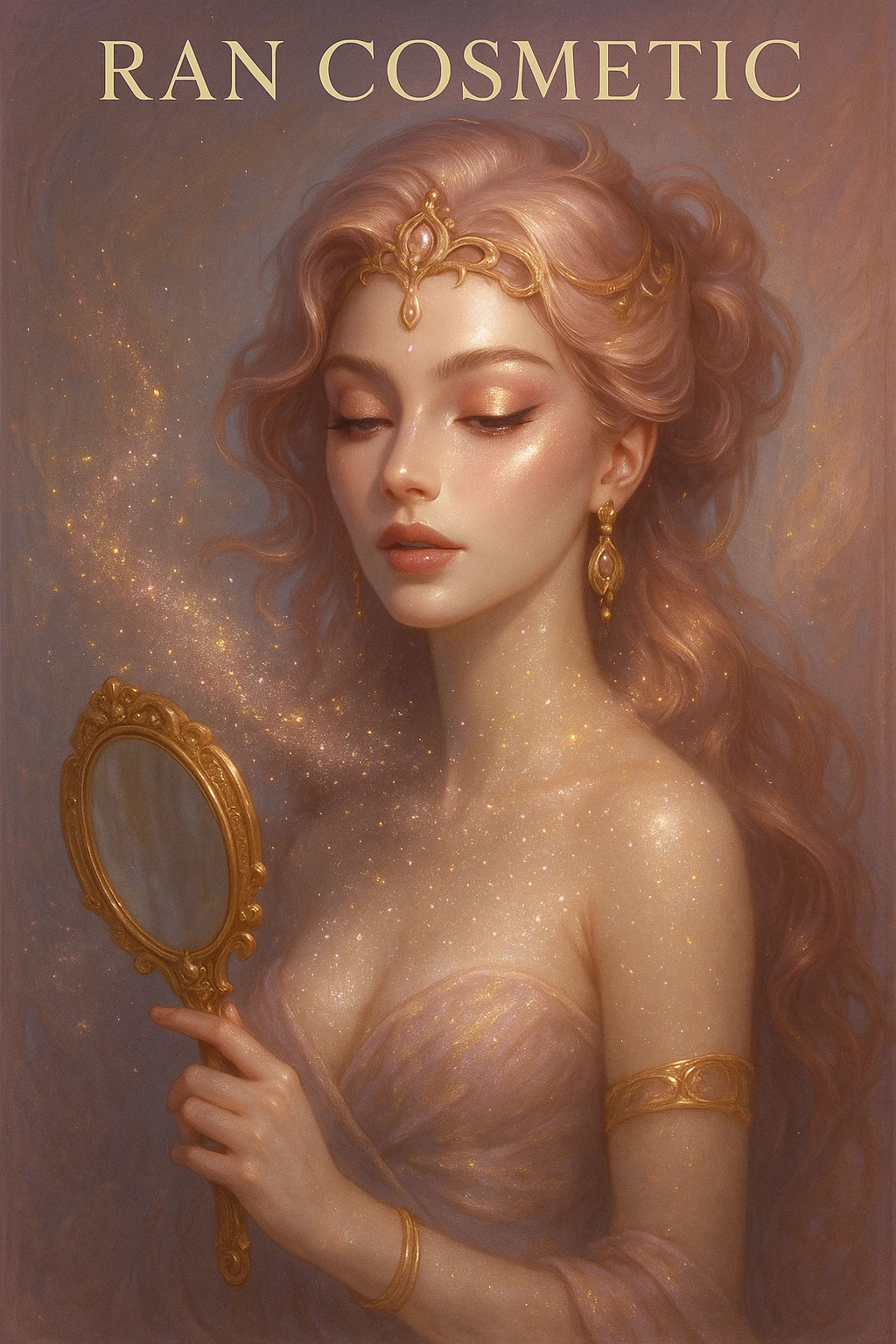 fantasy female character representing RAN Cosmetic, high-fashion makeup, glowing skin, magical sparkling powder, golden mirror, pastel pink and gold tones, elegant and mysterious, TikTok cover style emoji