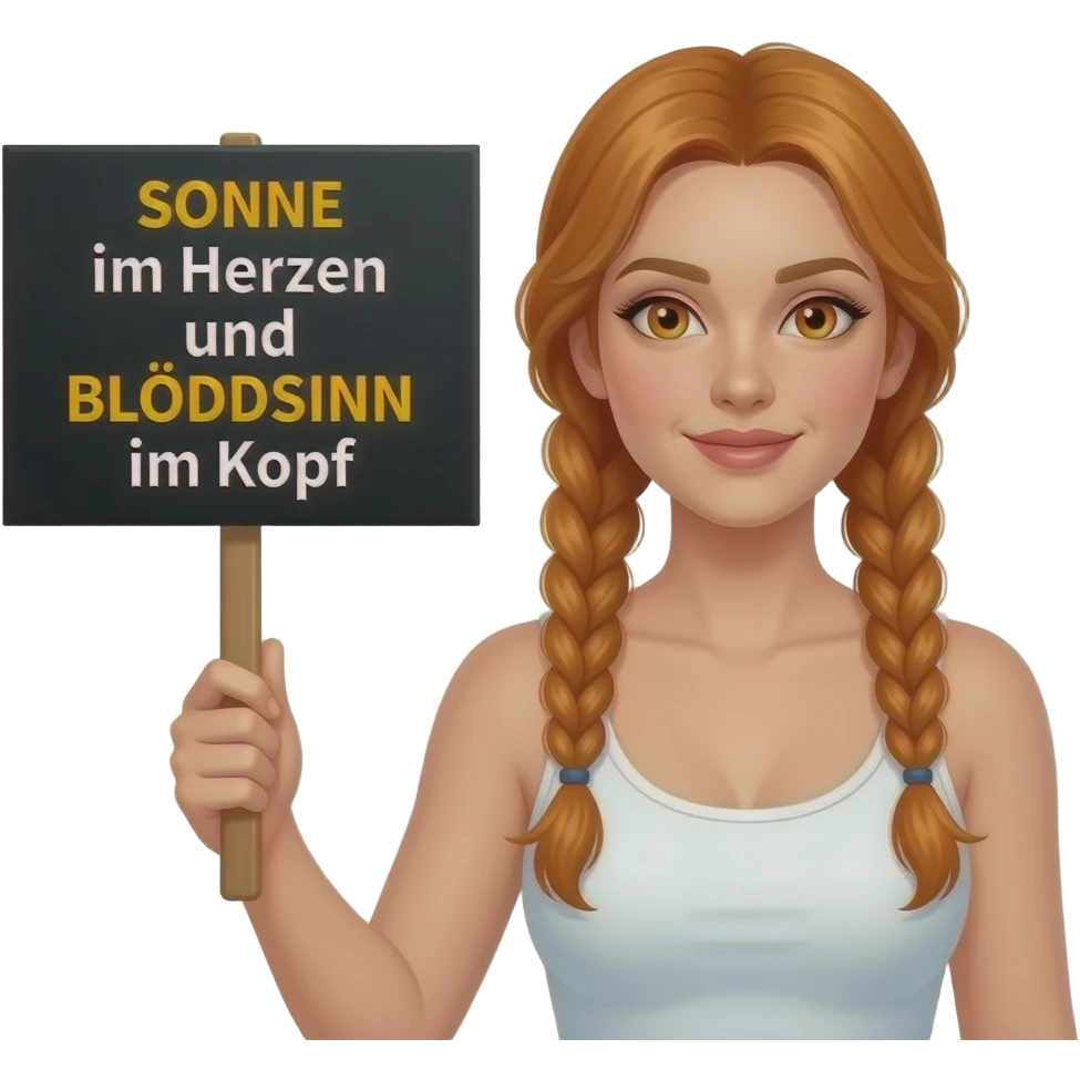 sexy girl with long ginger braids and ginger eyes wearing a white tanktop is holding a black sign with SONNE im Herzen und BLÖDSINN im Kopf written on it emoji