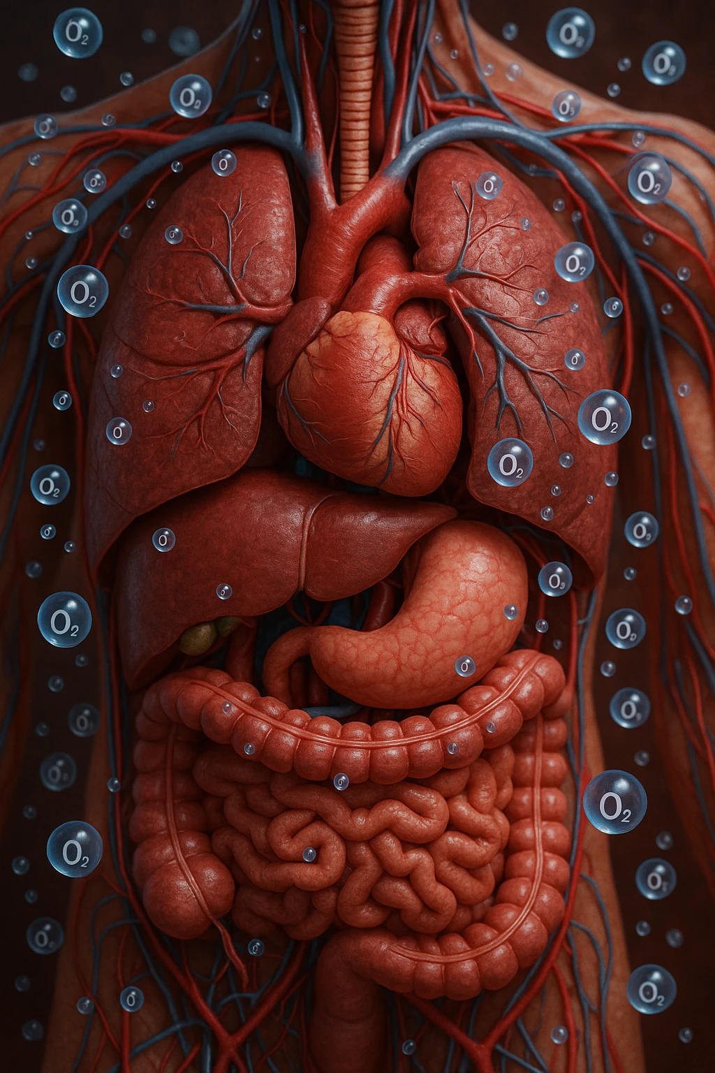 OSSIGENO FLUTTUA IN UN CORPO UMANO ANATOMICO, IPERREALISTICO 4K emoji