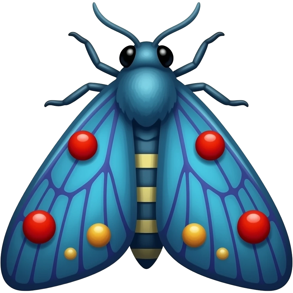 giant  blue parasite moth with red blisters and yellow blisters purple veins top view emoji