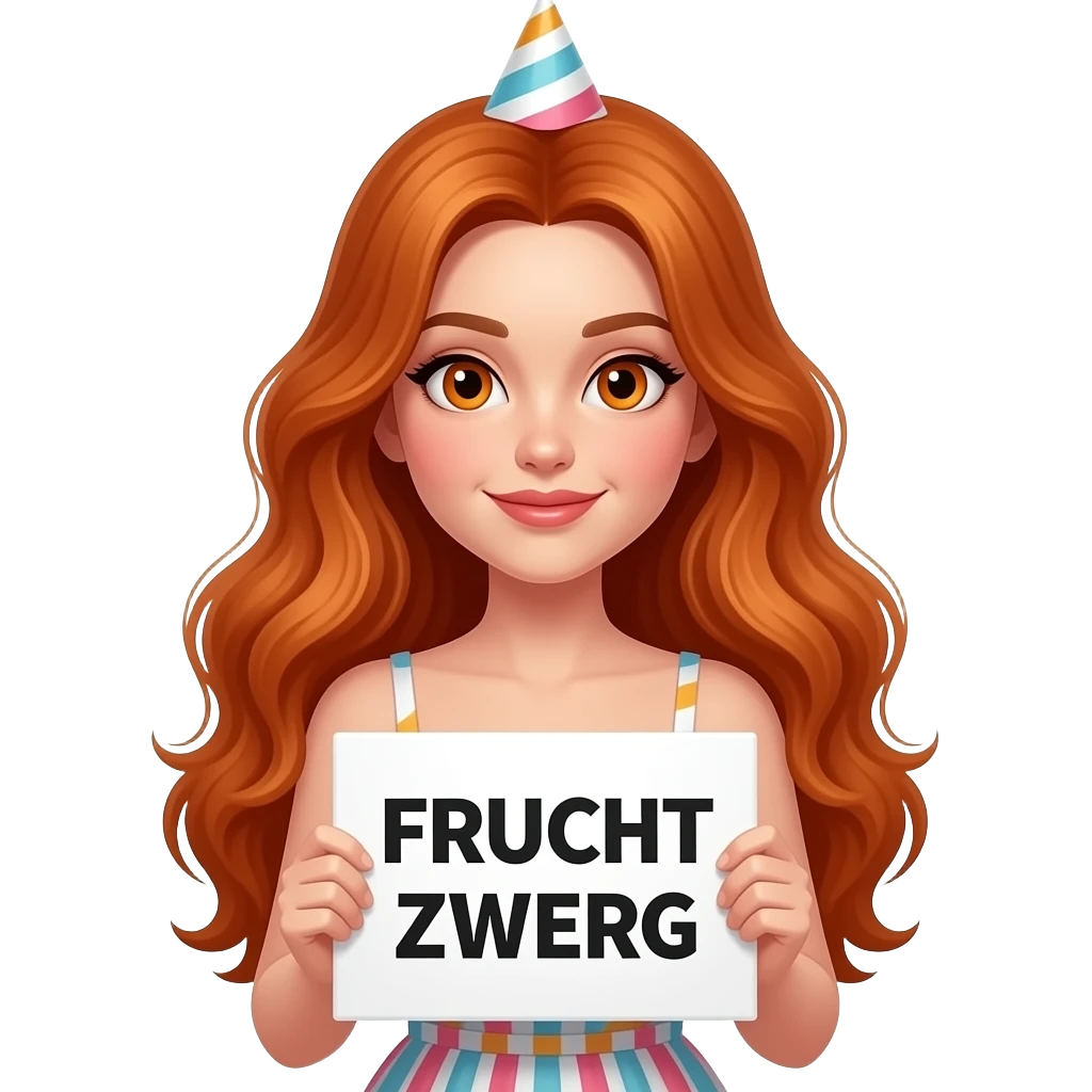 sexy girl with long wavy ginger hair and ginger eyes wearing a birthday dress is holding a white colored sign with FRUCHT ZWERG written on it emoji