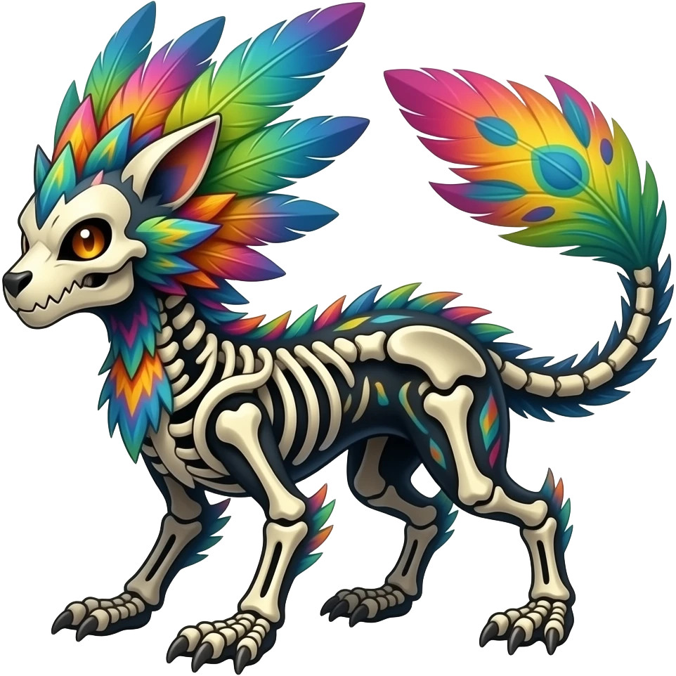 Rare colorful gradients colored realistic dark edgy glossy shiny tropical tribal patterned feathery skeletal badass epic pretty beautiful handsome gorgeous aesthetic colorful vibrant Vernid-Trico-species-Fakemon-creature by LiLaiRa, 4 legs, 1 tail, random markings, (full body) emoji