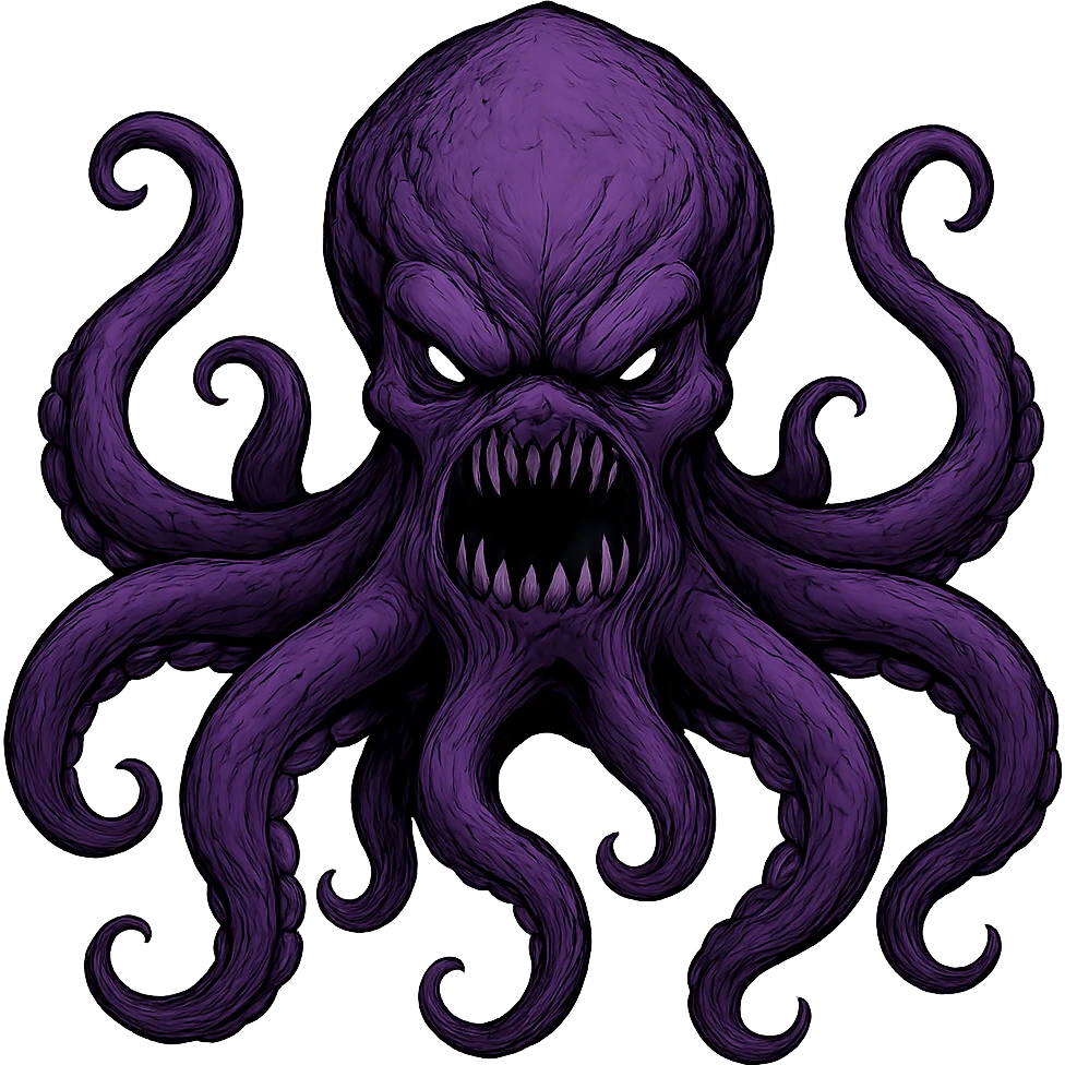 Remove the nose, make the octopus look scary, keep the purple color, with no background. Maintain the original style and details of the octopus while making it look scary and purple. emoji