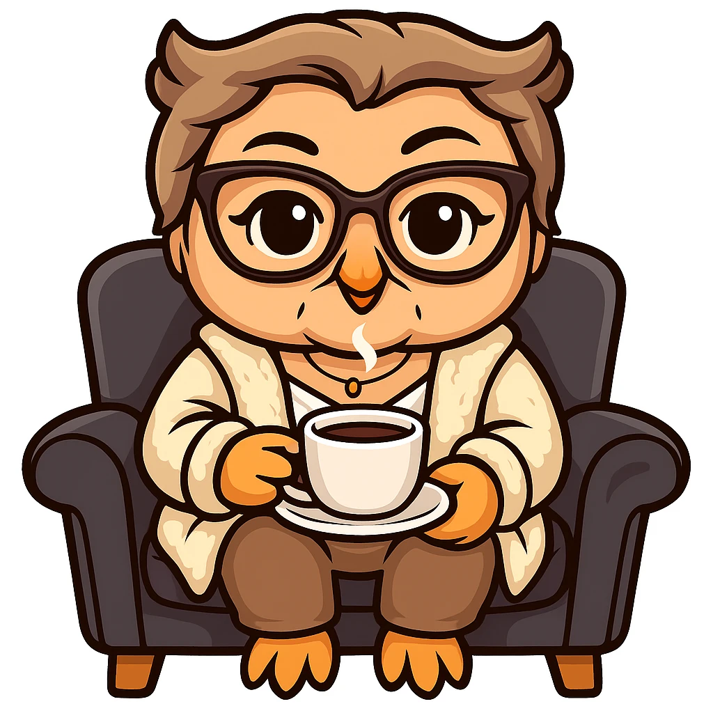 Create an illustration of an owl-girl with a face resembling the face in the provided photo references. The owl is drinking coffee while sitting in a chair. The style should emulate the cartoonish sticker style as closely as possible, since the original sticker style does not support editing. emoji