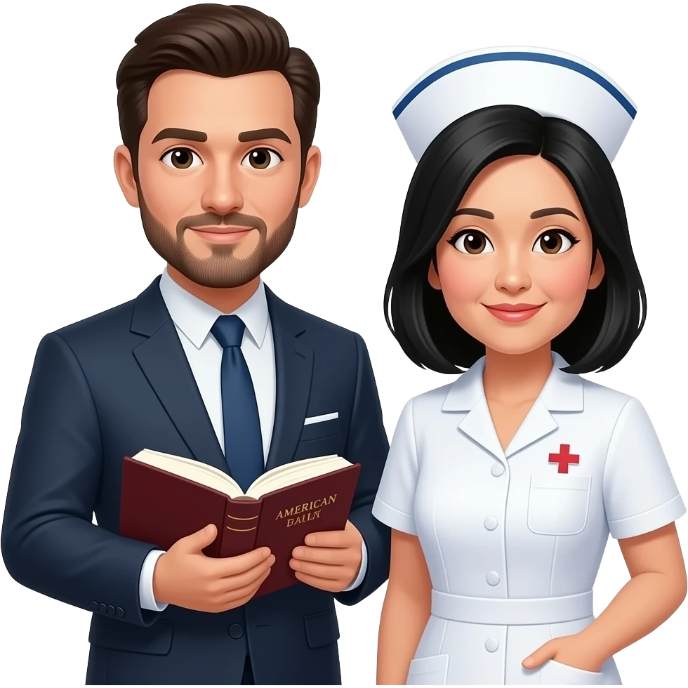 husband american man with dark brown hair and trimmed beard wearing a business suit holding a bible, wife to woman asian middle age with black shoulder length hair wearing a nurse uniform emoji
