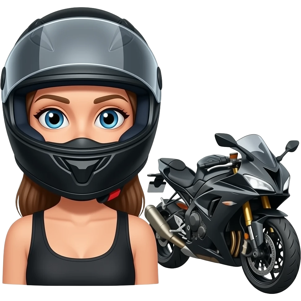mulher com um capacete de mota que so aparece o olhos e a mota ao lado emoji