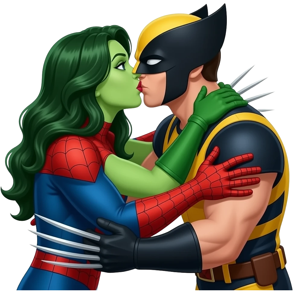 3 characters hugging and kissing: spiderman, she hulk and wolverine emoji