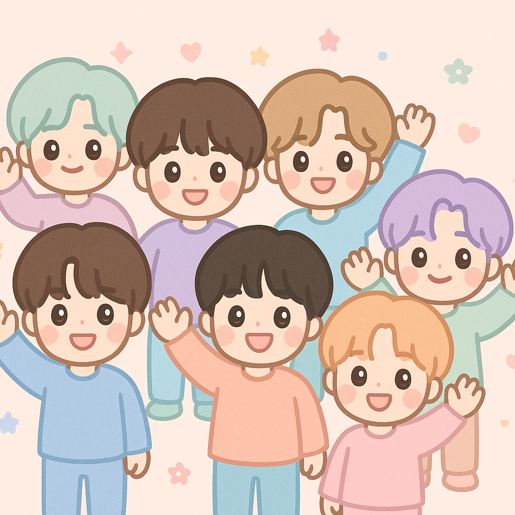 BTS emoji, all members together, waving, pastel tones, kawaii style emoji