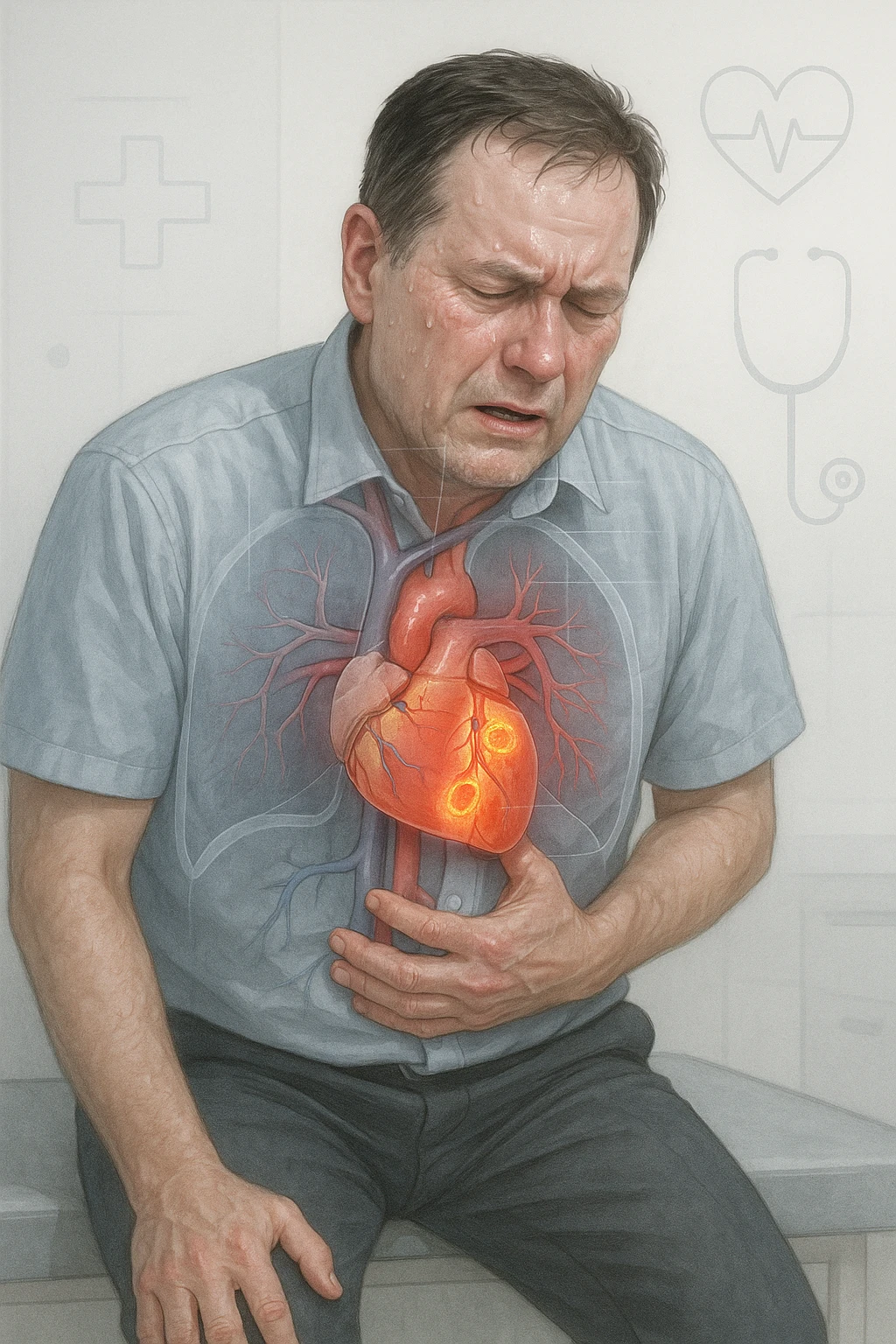 a middle-aged man sits on a bench, clutching his chest with a pained expression. His face is pale and sweaty, and his posture is hunched forward. A transparent overlay reveals his heart and major blood vessels, with highlighted areas indicating blockages or damage. The background is clean and clinical, with subtle medical icons. emoji