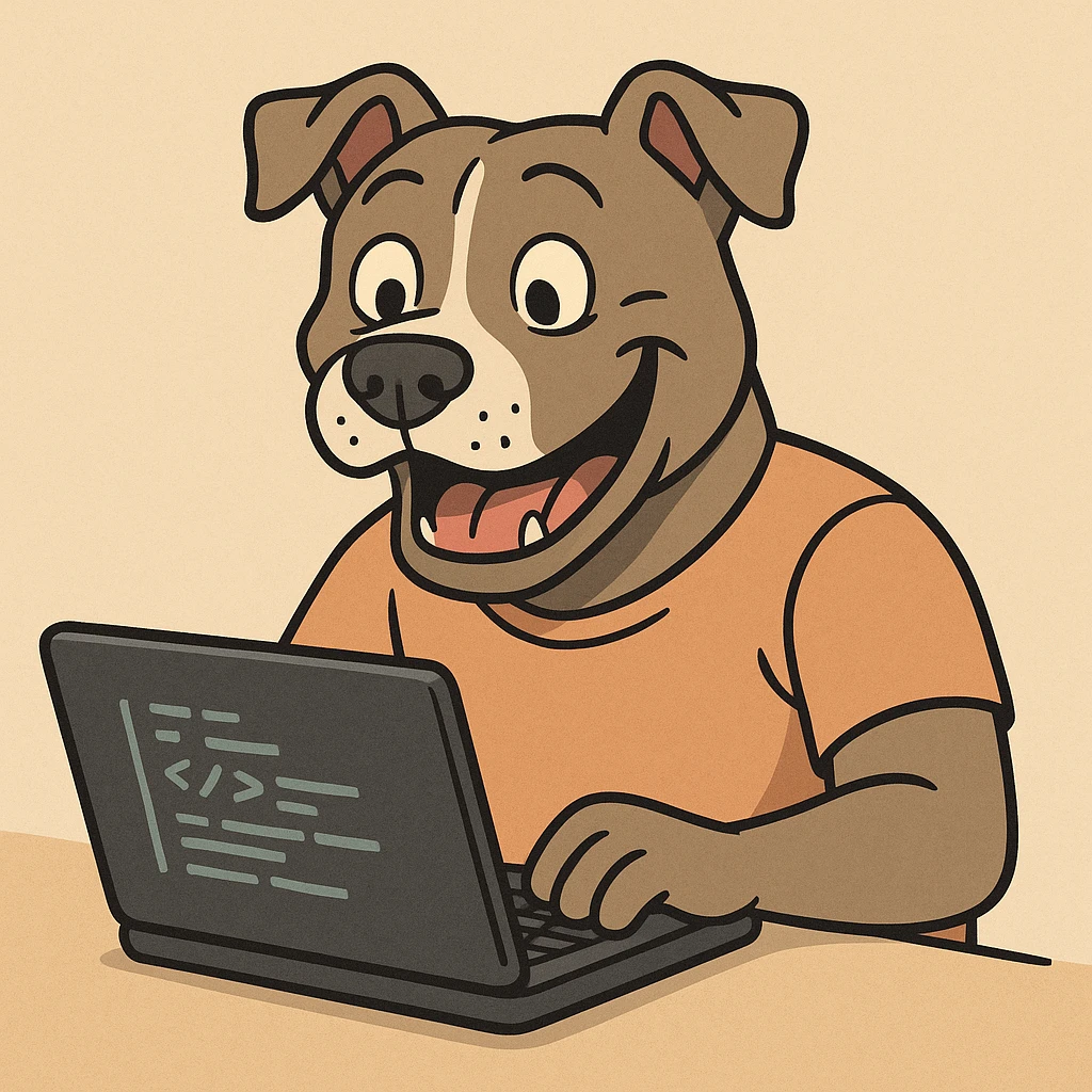 pit-bull dog with human-like features, coding on a laptop, cheerful expression emoji