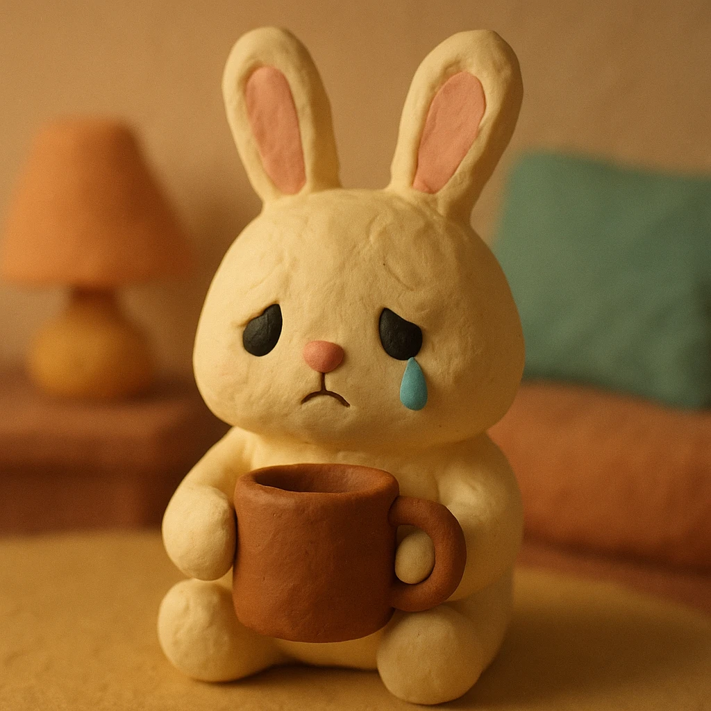 fluffy cream bunny with teardrop eyes holding a coffee mug, cozy soft background, claymation style emoji