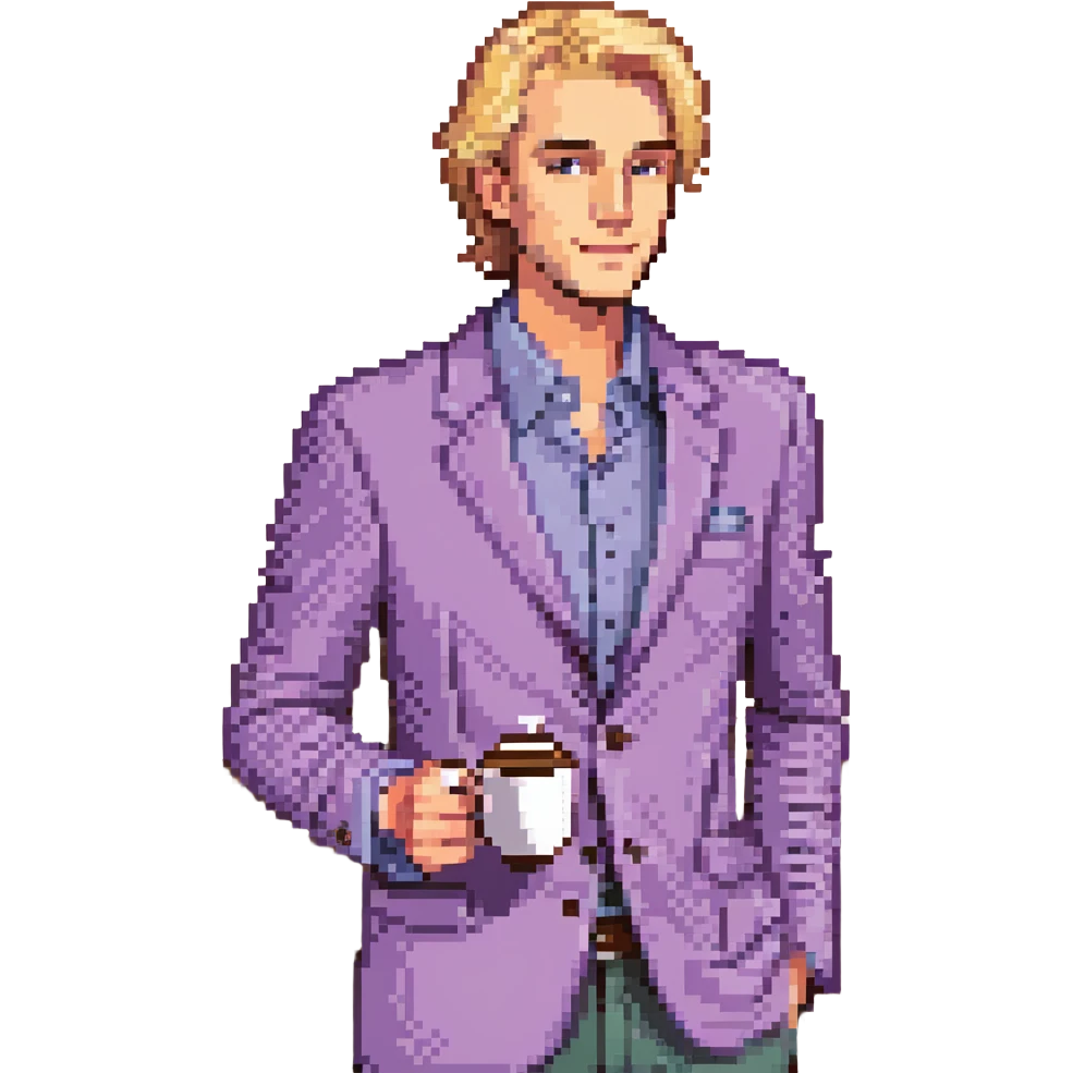 Confident male entrepreneur, Caucasian features, blonde hair, defined eyebrows, slight smile, wearing violet blazer over light violet shirt, holding a coffee cup in right hand, waist-up, front-facing emoji