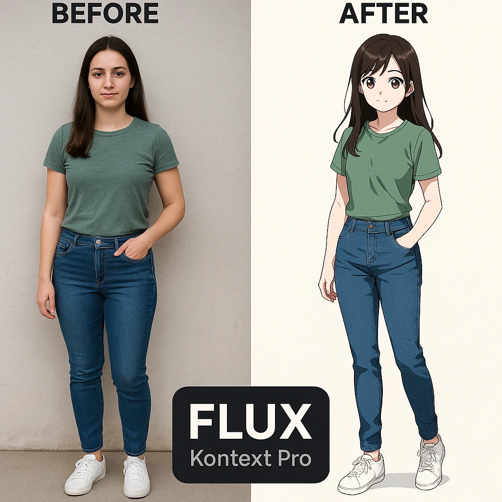 create before after image of a girl before is realsitic photo, after is anime version of her in same pose and clothes, add logo with text of a "FLUX Kontext Pro" emoji