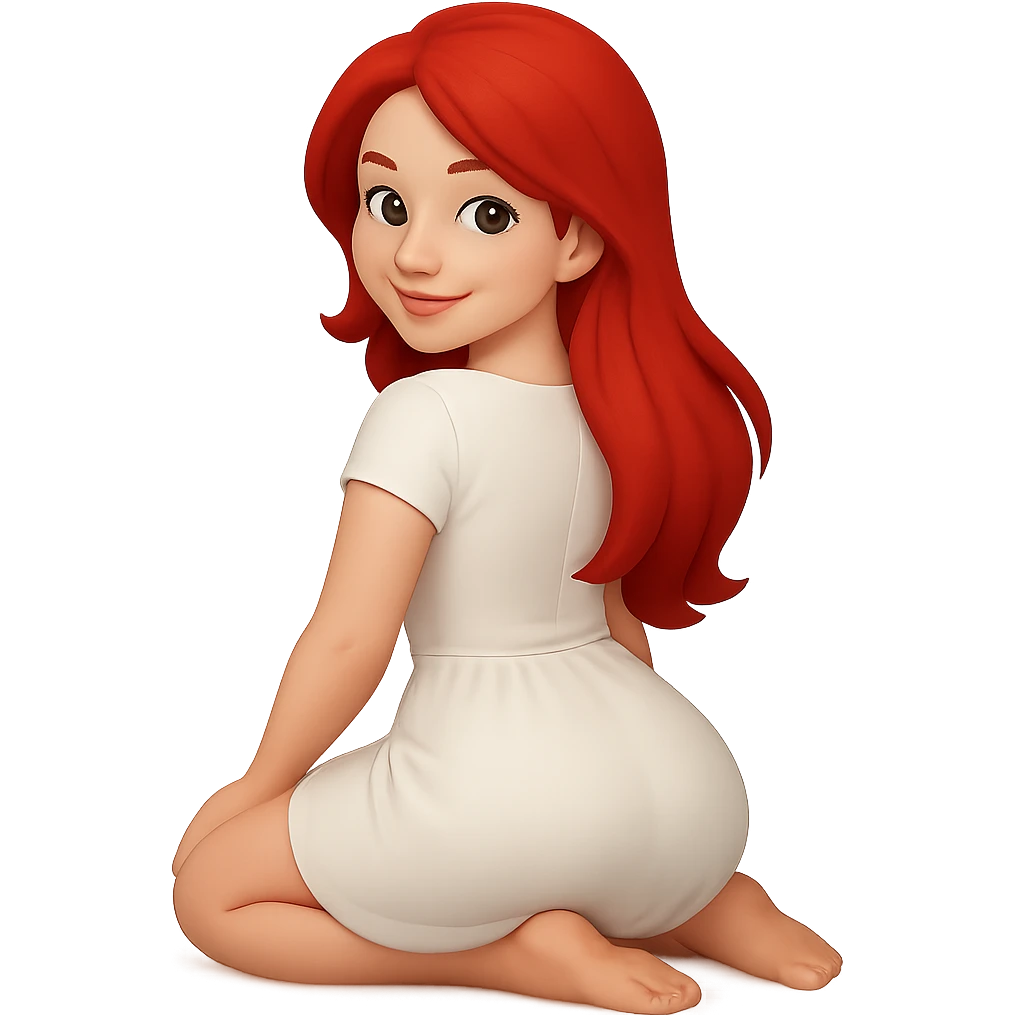 Edit the image to change the hair color to red. Keep the image safe for work (SFW), show the back view, sitting on soles, smiling. Remove the background so it is transparent. emoji