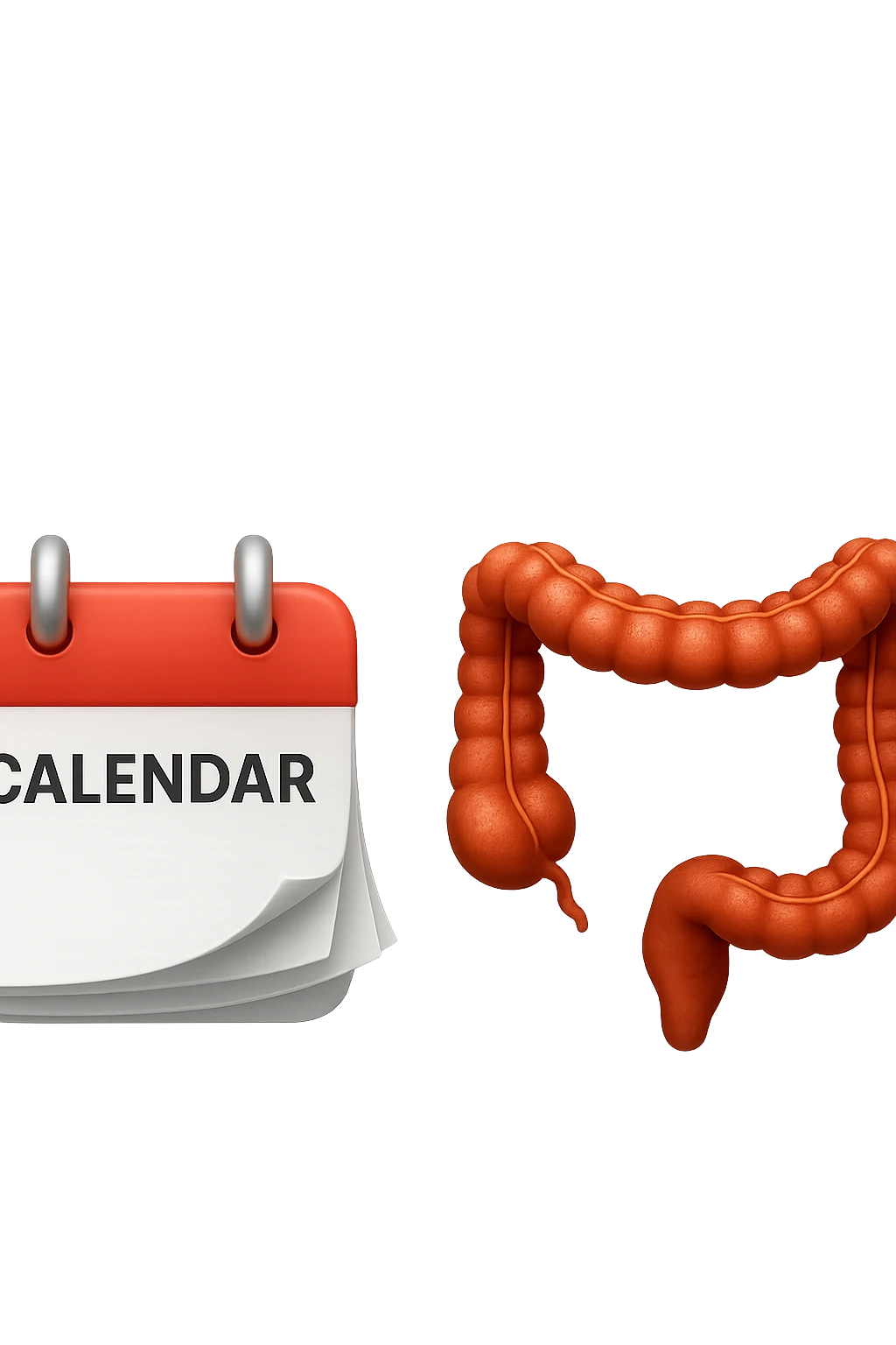 emoji stile iphone di un calendario con fogli che volano insieme a pezzi anatomici di colon umano, iperrealistico 4k, isolato su sfondo bianco emoji