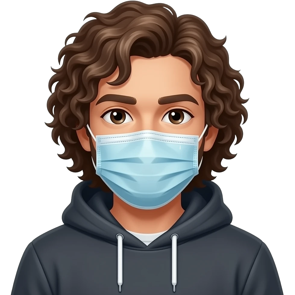 Un mec cheveux long bouclé capuche avec un masque chirurgical emoji