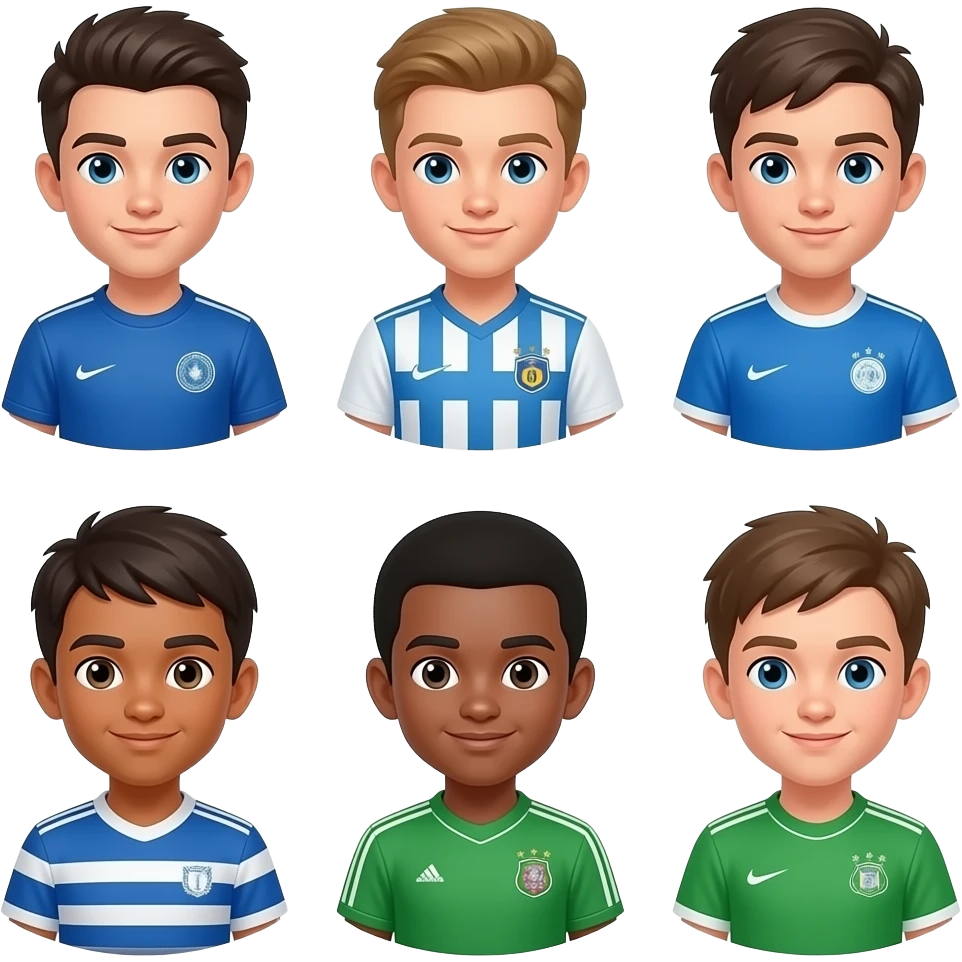 Vários atletas jovens, ventindo azul, branco e verde emoji