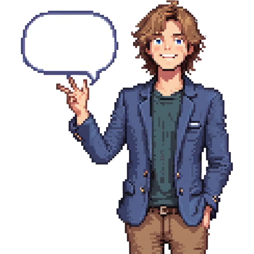 Flat pixel are, lively and clever male debater, fair skin, medium-length messy light brown hair, sharp eyes with a mischievous smile, wearing indigo blazer over a casual t-shirt, one hand raised mid-gesture, the other holding a floating speech bubble, waist-up, front-facing emoji