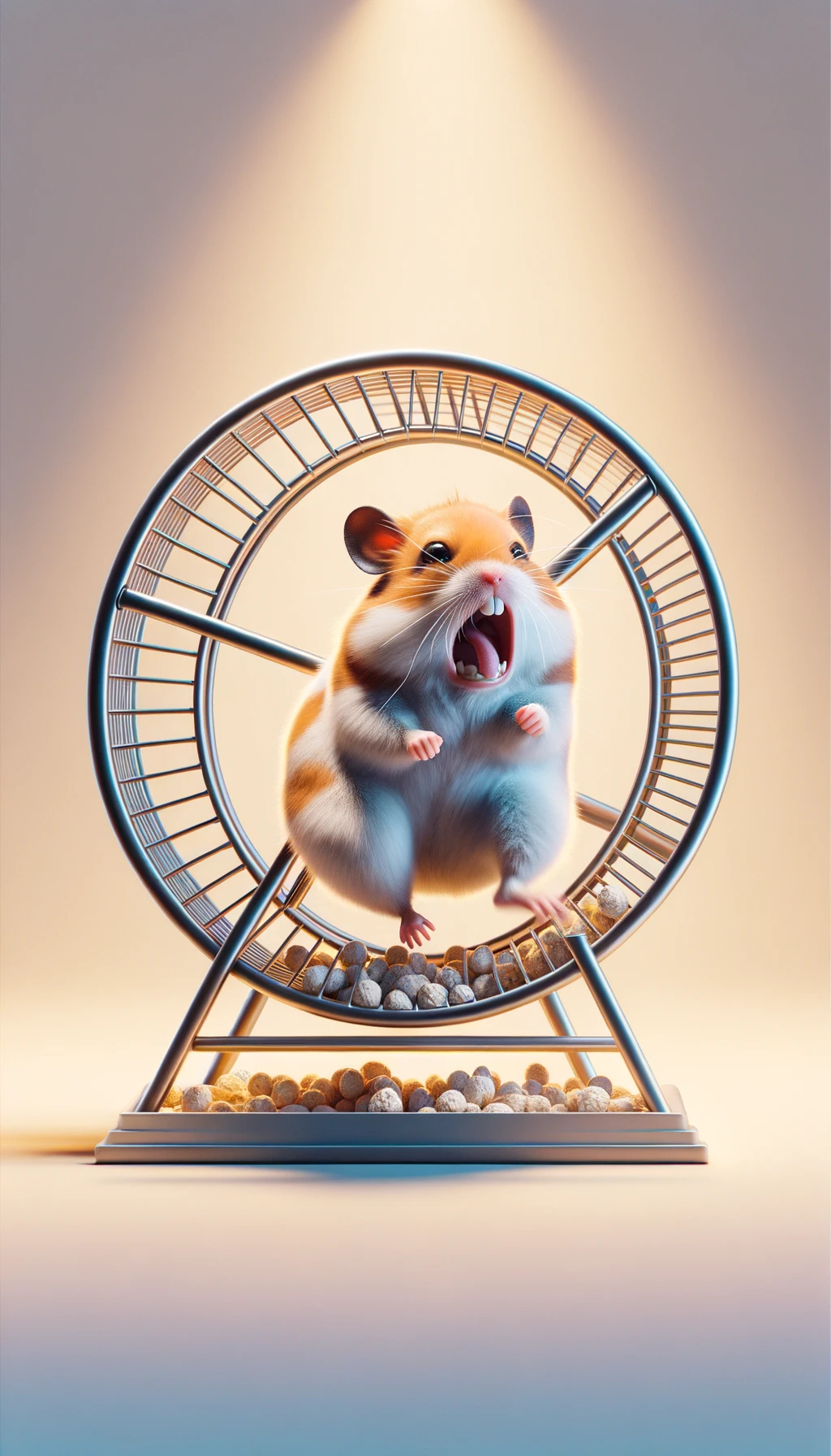 criceto stressato che corre sulla ruota, sfondo chiaro, iperrealistica 4k emoji