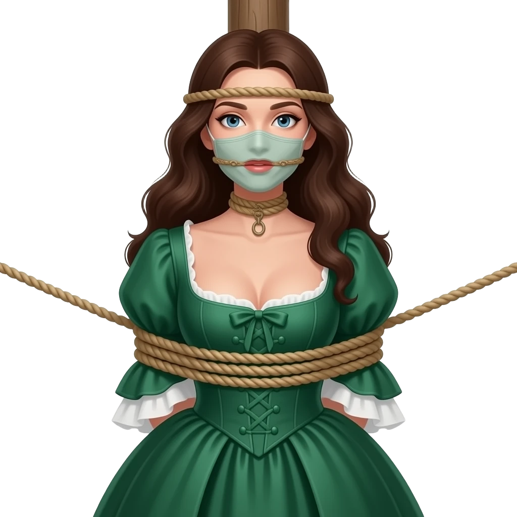 Brunette woman in emerald green 1770s gown with long flowing hair, ample bosom, gagged and bound to tall post, with lower rope tied just beneath bosom and another upper rope tied around her head at mouth level. **CRITICAL**  Upper rope around mouth level only! No chains! No cloth facemask! emoji