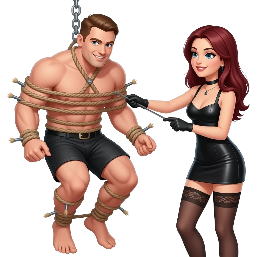 Guy tied up, restrained in sex, swing, dominatrix, whipping and pegging, sissy Girl, more chunky emoji
