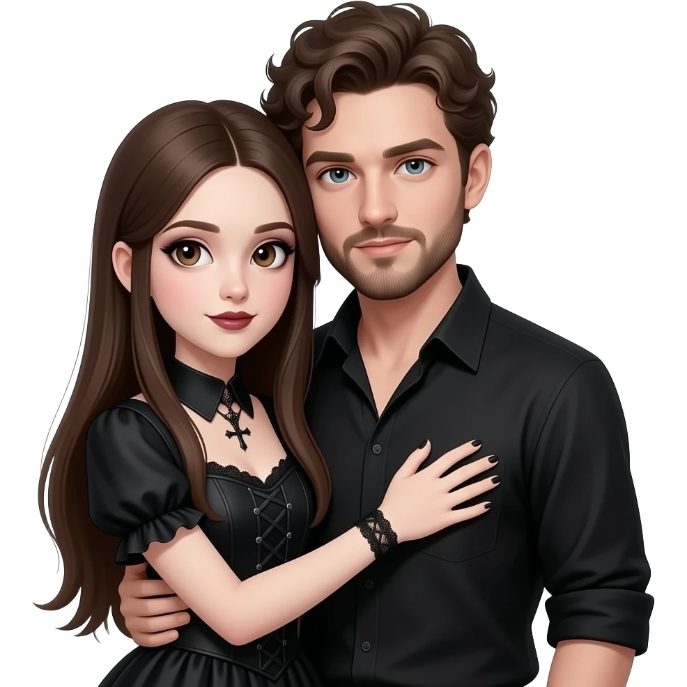 realistic pretty pale skin long straight brown hair girl brown eyes long face wearing gothic dress and gothic makeup HD and her man short brown curly hair and beard hugging emoji