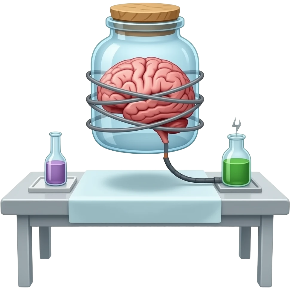 steampunk victorian style - a brain placed in medical preparations that is connected to an electrical circuit, a glass jar wrapped in high-voltage wires floats above the autopsy table emoji