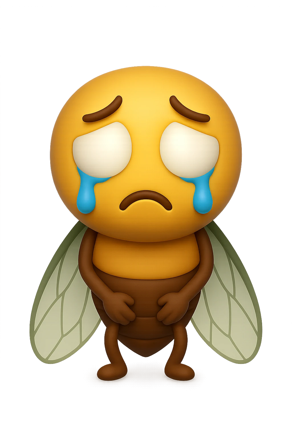 EMOJI STILE IPHONE 3D DI una cicala triste che si tocca le cosce e piange perché non le piace il suo fisico, posa frontale, fagli gli occhi bianchi , non solo la pupilla emoji