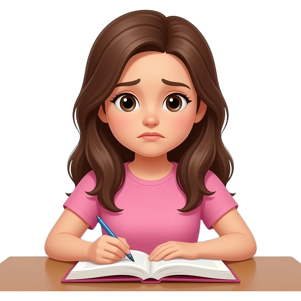 Barna hajú legyen rózsaszín felsőbe egy asztalnál üljön a lány és tanuljon a haja hosszú legyen és az arca az ne ilyen gyerekes legyen es a könyvbe nézzen és legyen szomorú emoji