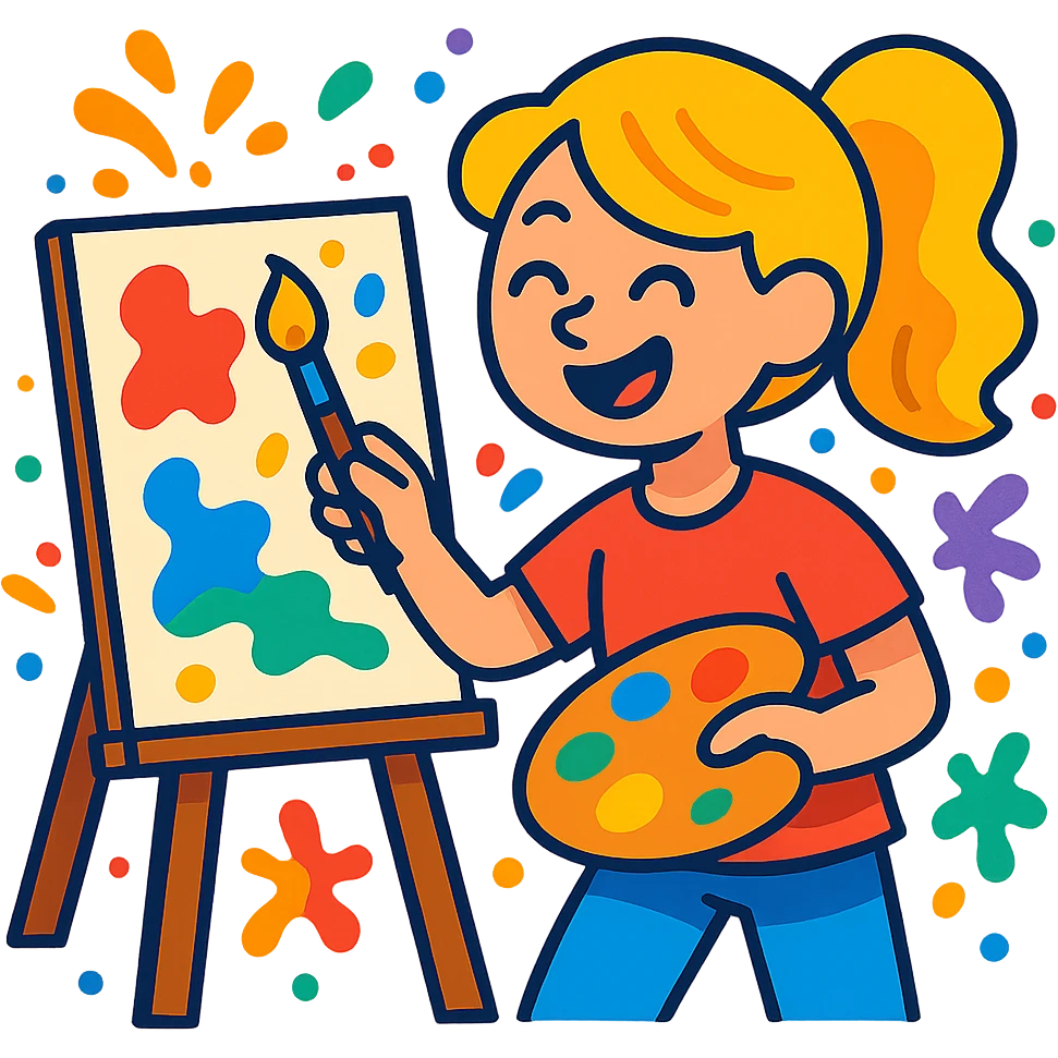 creative blond girl, painting on canvas, splashes of color, joyful mood, creative atmosphere emoji