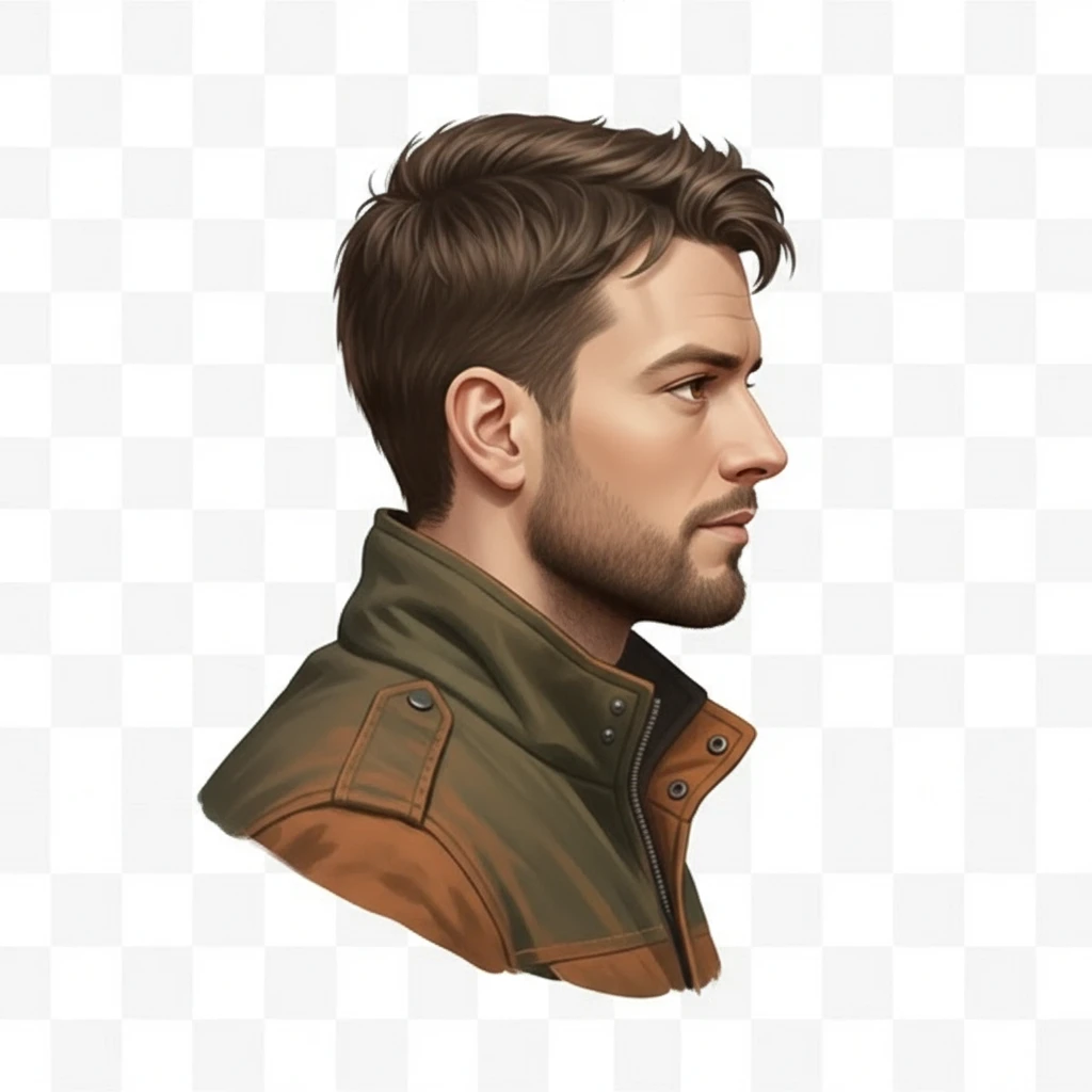 нарисуй этого человека с таким же лицом, но до пояса, он одет в куртку осеннюю и картинка строго в профиль, стиль картинки повтори точно такой же как во вложении, без фона emoji