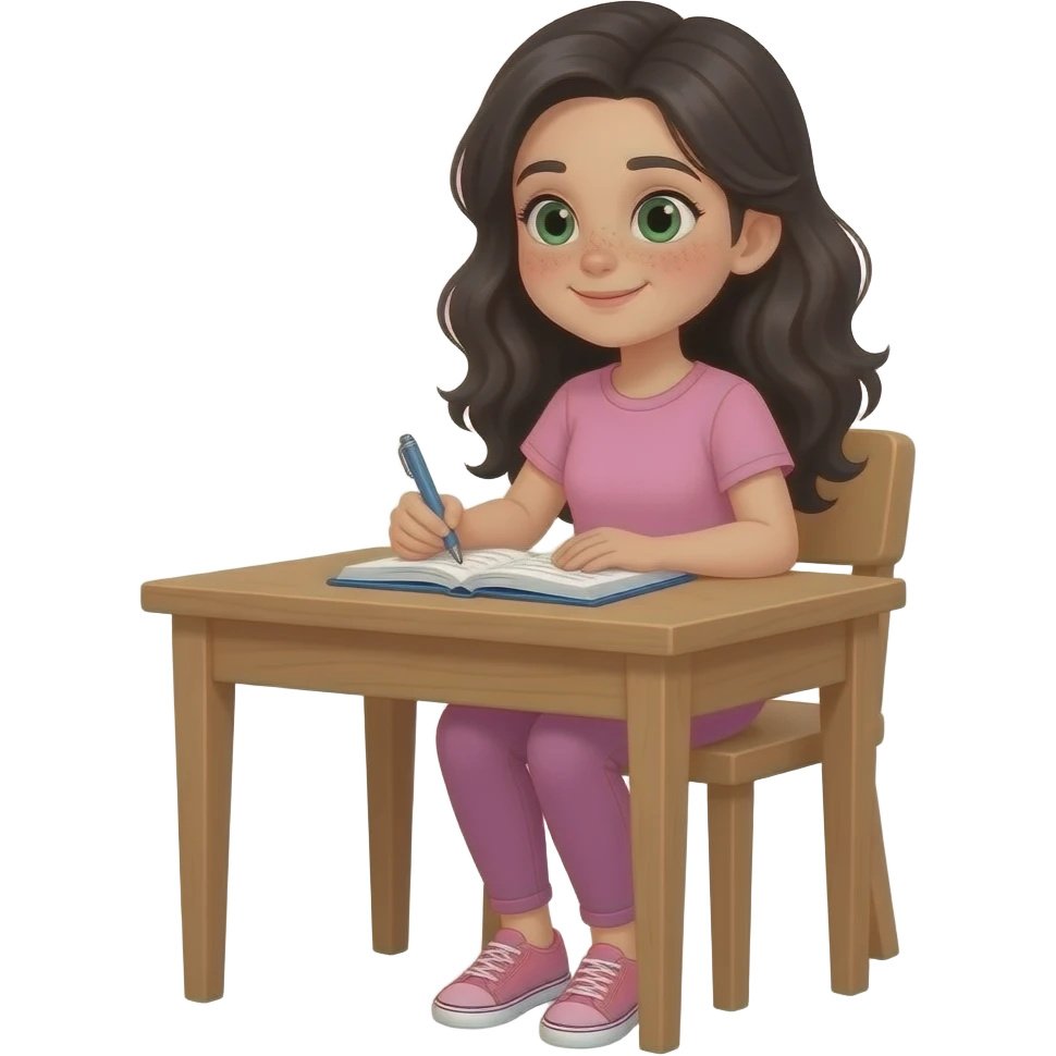 young girl, green eyes and freckles black waves long hair, pink complete top and leggingg, light skin, writes a diary emoji