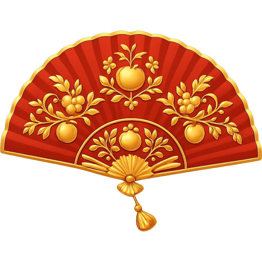 Add gold details to the red hand fan in the style of apple emojis. Keep the emoji style with no background. emoji