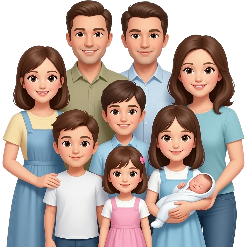 family of 8 white people and all with brown hair with 2 parents  with 6 kids 12 year old girl 10 year old boy 9 year old boy 8 year old girl 2 year old girl and newborn girl emoji