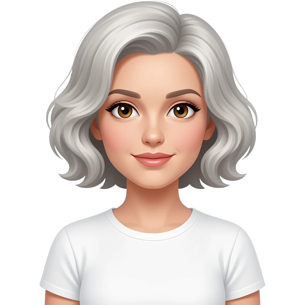 Style: 3D Memoji style, simple render, no outline, soft studio lighting, white background.  Character: 60s elegant woman, wavy silver bob, brown eyes, white t-shirt.  Skin: natural healthy glow, dewy interior glow. emoji