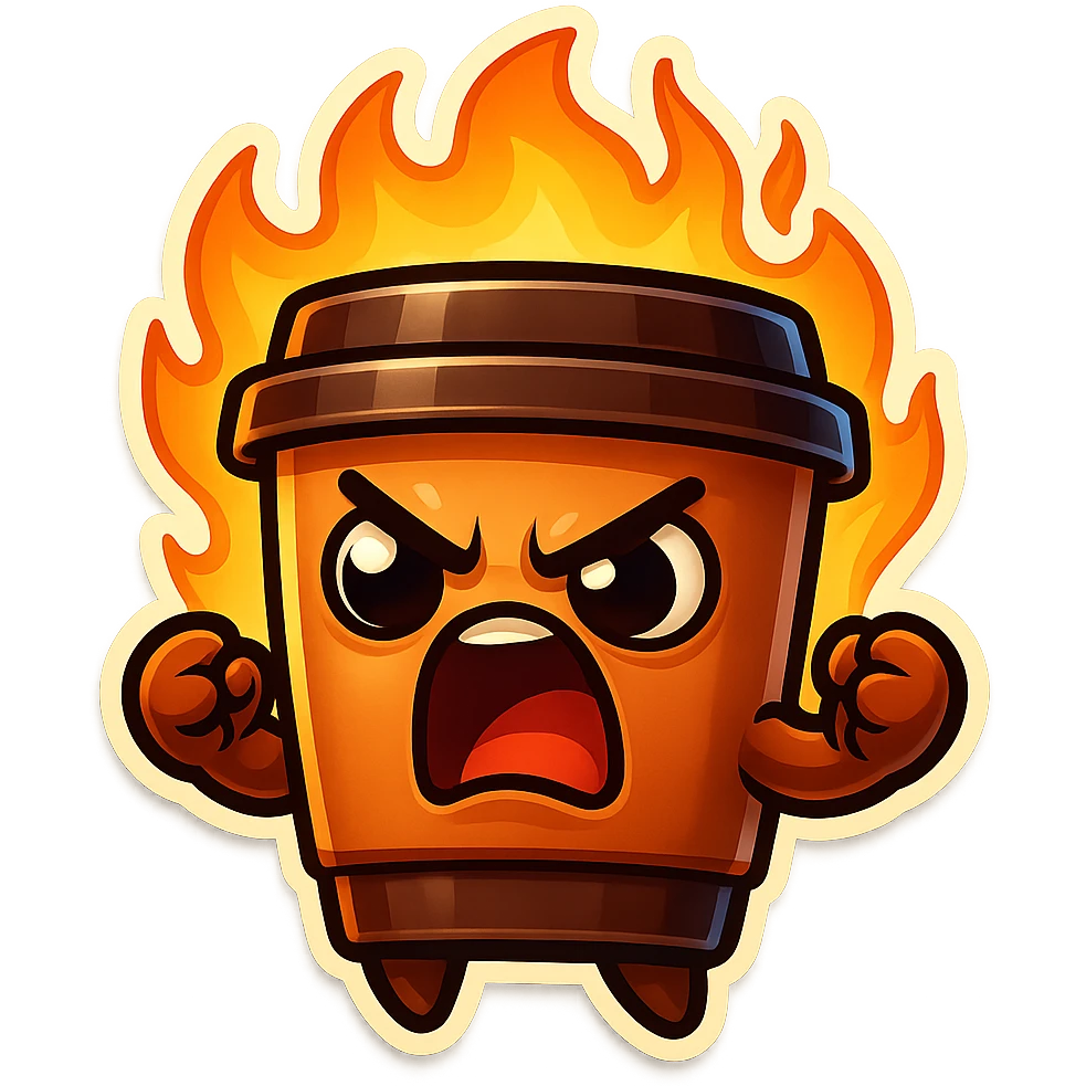 Tall coffee cup, angry, on fire, clenched fists, yelling emoji