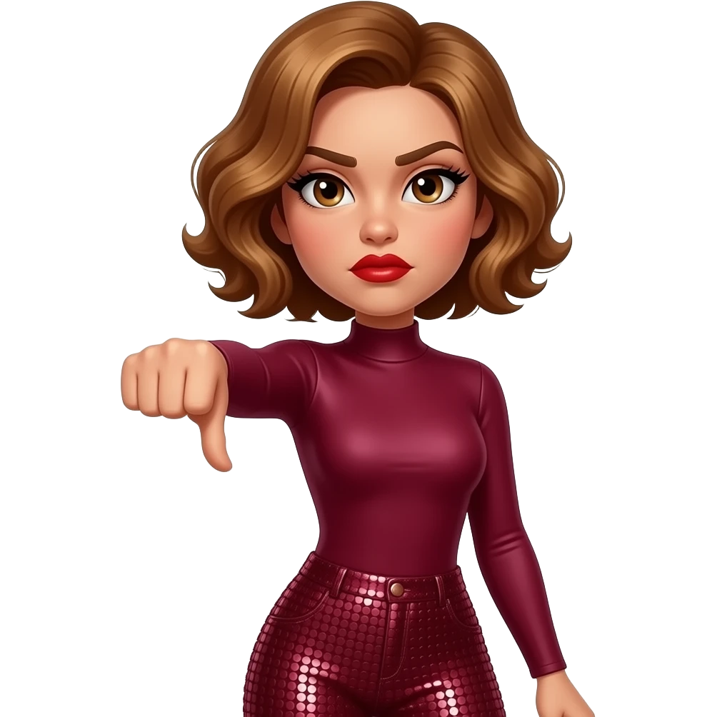 glamours,-tanned,-very-beautiful-woman-with-big-plump-red-lips,-long-lashes,-honey-silky-very short- hair,-wavy-hair,-hazel-eyes- wearing-Burgundy-Long-sleeved-bodysuit-Burgundy- sequinned-pants-Her-eyes-sparkle-and-she-is-frowning.-Hand-up-with-thumb-down. emoji