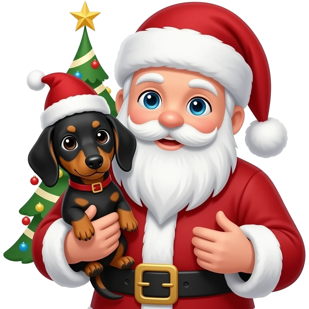 Santa holding 1 black and tan puppy dachshund wearing a Santa hat with Christmas tree in the background emoji
